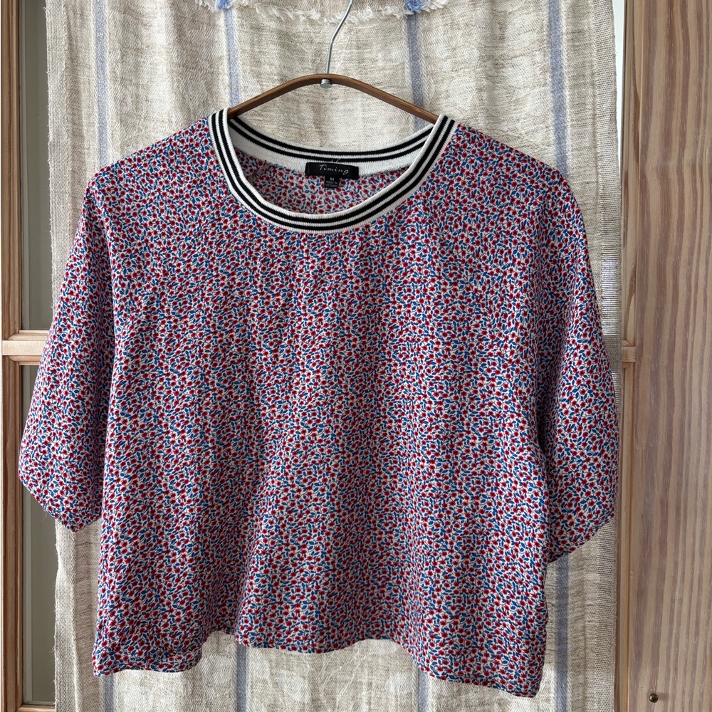 Floral Blouse with Boxy Fit and Ringer Tee Style Ribbing